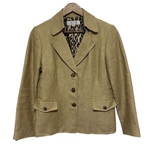 Tahari Arthur‎ Levine Blazer Womens 10 Tan Linen Blend 3 Button Pockets Career